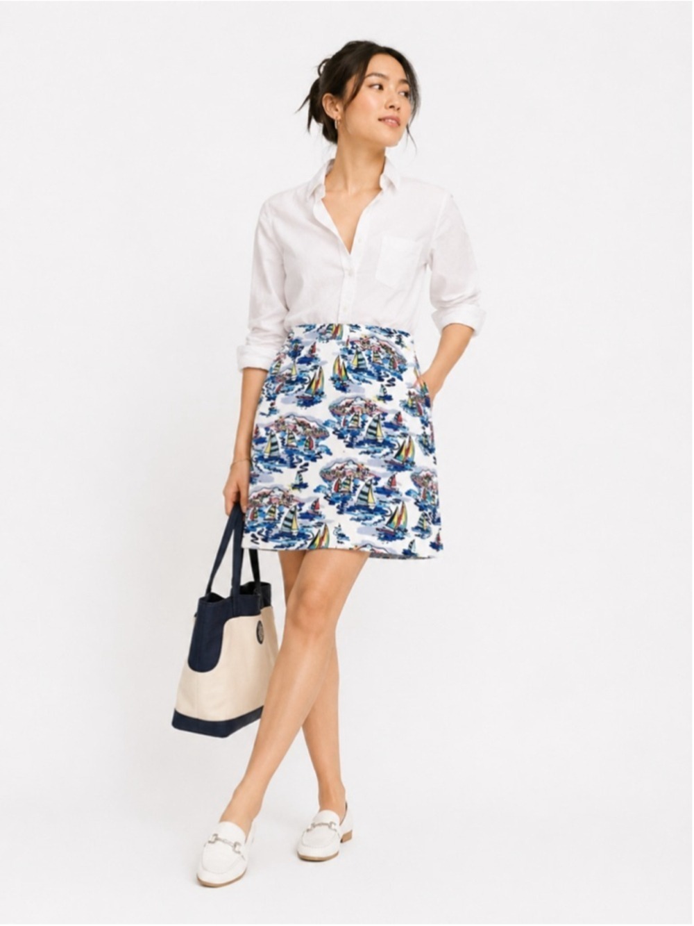Linen & Cotton White Pencil Skirt With Multicolour Nautical Print Size 6